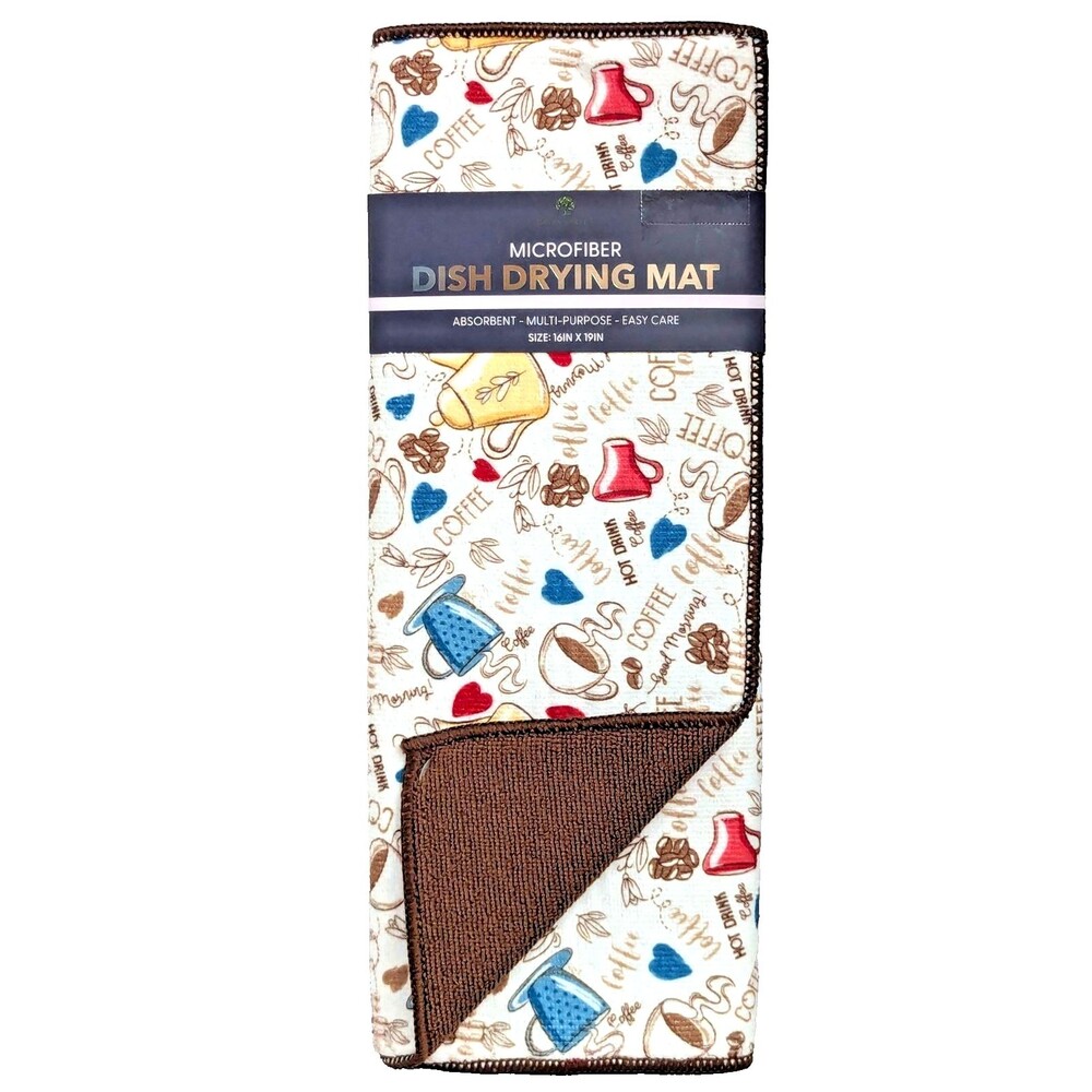 Coffee Pot Cups Dish Drying Mat Reversible Brown Farmhouse Barista Gift NEW